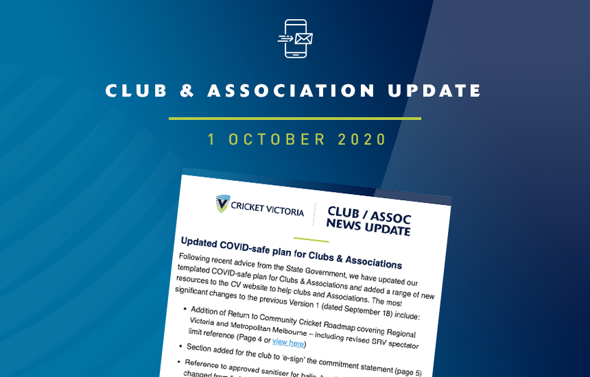 Club & Association News Update – 1 October 2020